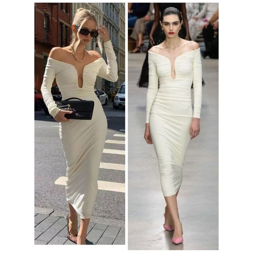 RUNWAY. NWT.$1690 CAROLINA HERRERA Ruched Off-The-Shoulder Midi Dress Sz XL